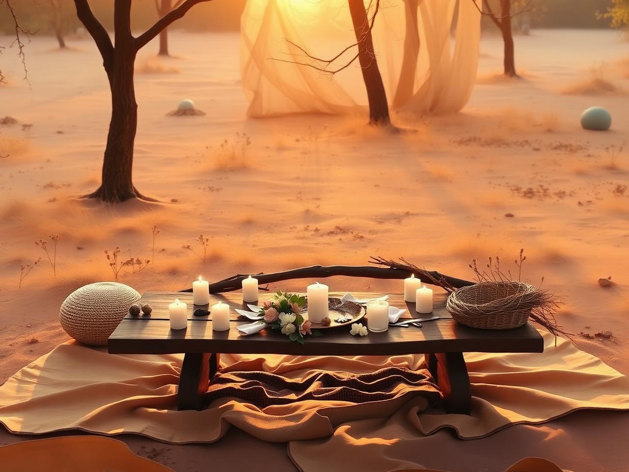 Sacred ceremony altar at golden hour